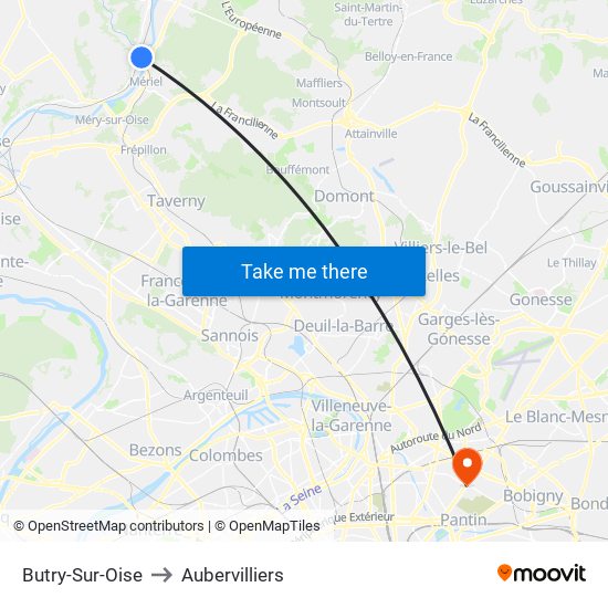 Butry-Sur-Oise to Aubervilliers map