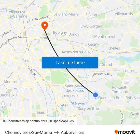 Chennevieres-Sur-Marne to Aubervilliers map