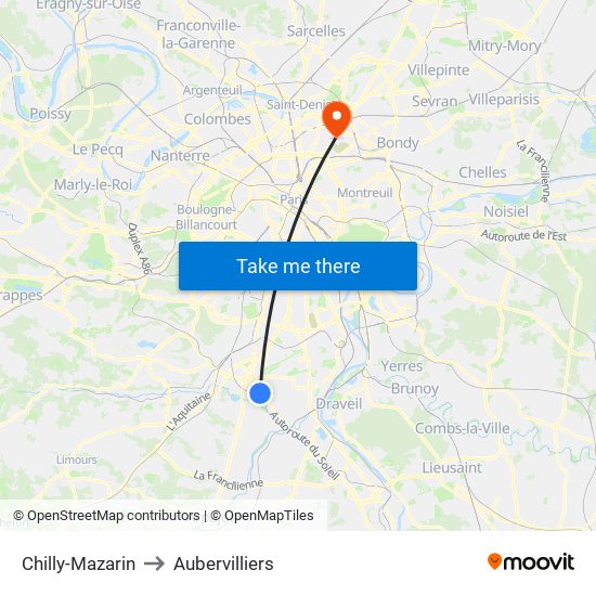 Chilly-Mazarin to Aubervilliers map