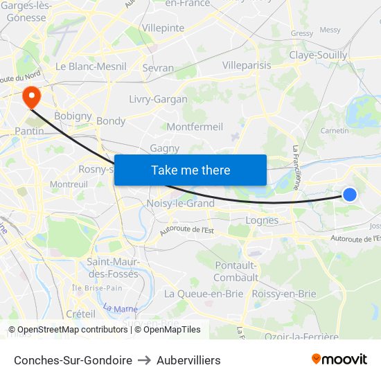 Conches-Sur-Gondoire to Aubervilliers map