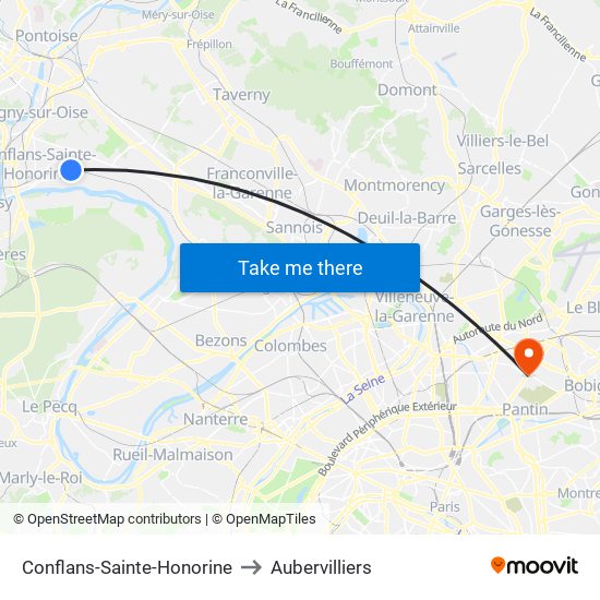 Conflans-Sainte-Honorine to Aubervilliers map
