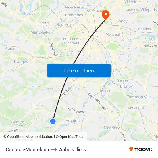Courson-Monteloup to Aubervilliers map