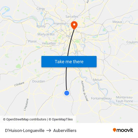 D'Huison-Longueville to Aubervilliers map