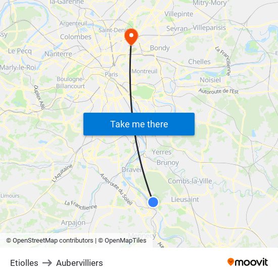 Etiolles to Aubervilliers map