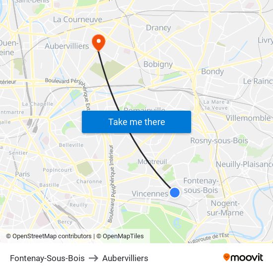 Fontenay-Sous-Bois to Aubervilliers map