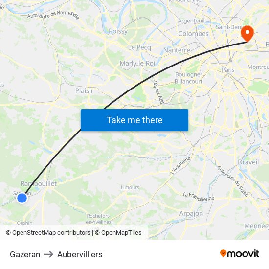 Gazeran to Aubervilliers map