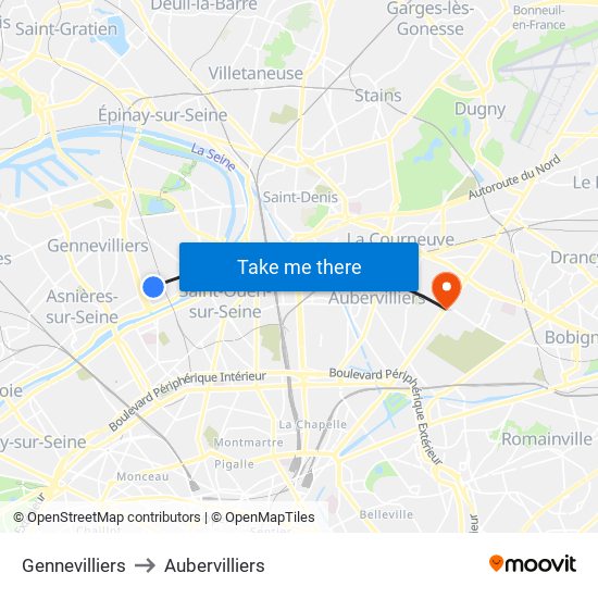 Gennevilliers to Aubervilliers map