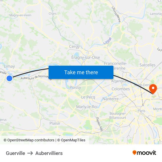 Guerville to Aubervilliers map