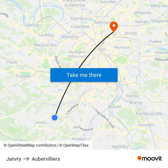 Janvry to Aubervilliers map