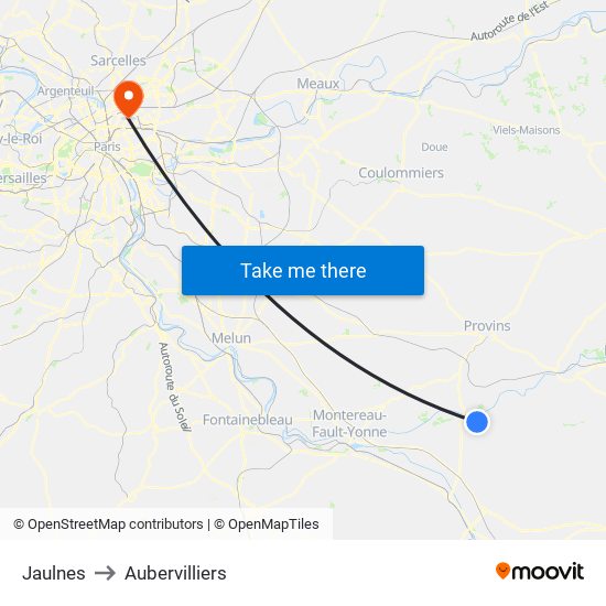 Jaulnes to Aubervilliers map