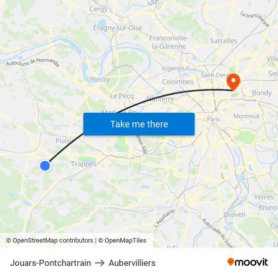 Jouars-Pontchartrain to Aubervilliers map