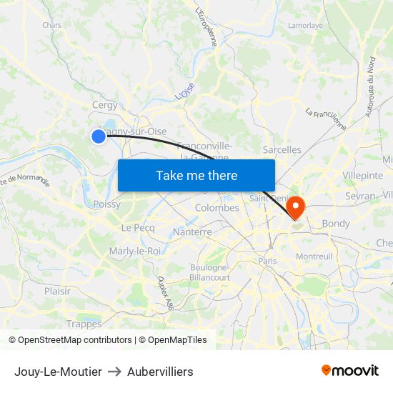 Jouy-Le-Moutier to Aubervilliers map