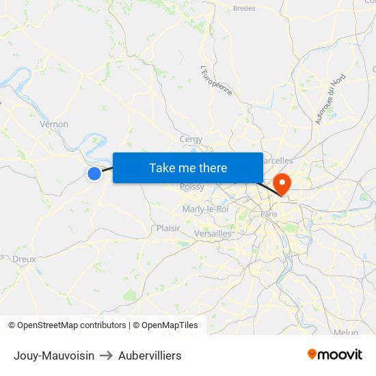 Jouy-Mauvoisin to Aubervilliers map