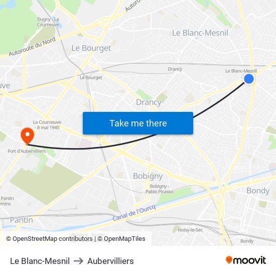 Le Blanc-Mesnil to Aubervilliers map