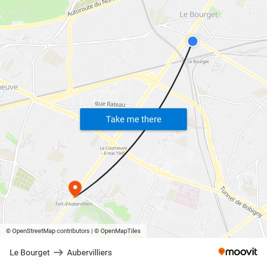 Le Bourget to Aubervilliers map