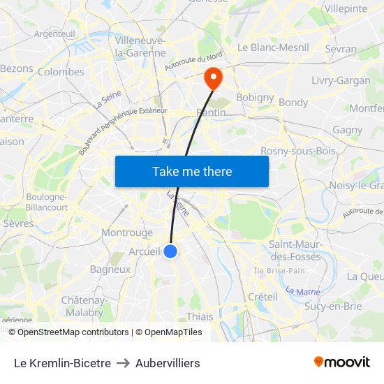 Le Kremlin-Bicetre to Aubervilliers map