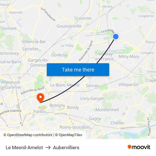 Le Mesnil-Amelot to Aubervilliers map