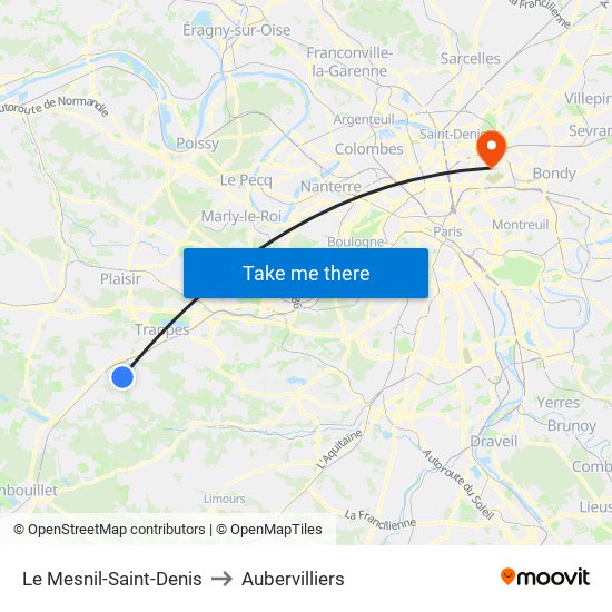 Le Mesnil-Saint-Denis to Aubervilliers map