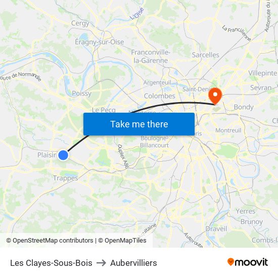 Les Clayes-Sous-Bois to Aubervilliers map