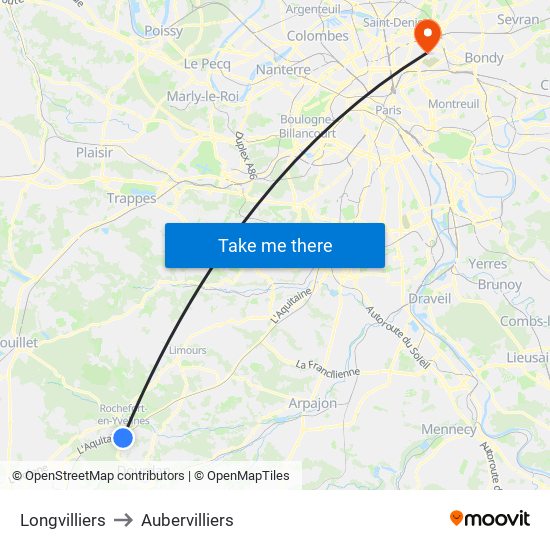 Longvilliers to Aubervilliers map