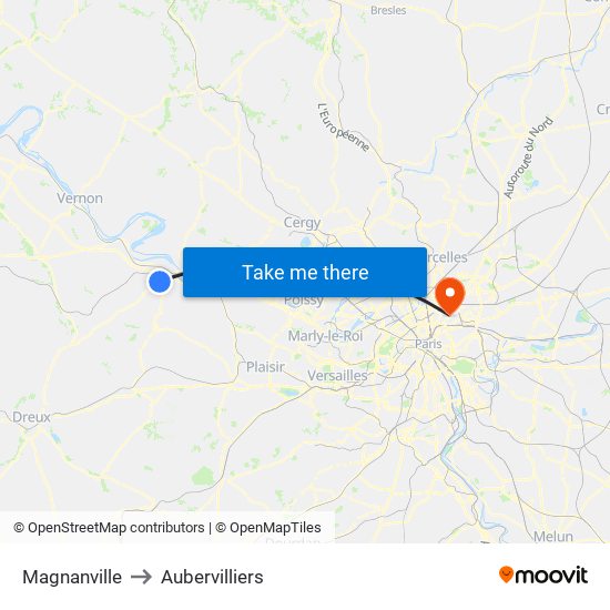 Magnanville to Aubervilliers map