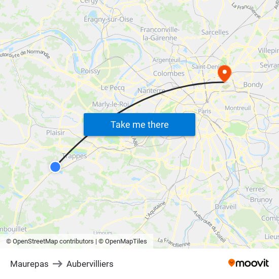 Maurepas to Aubervilliers map