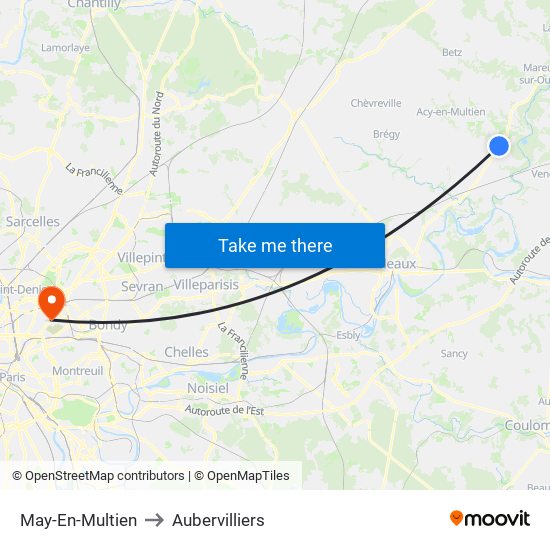 May-En-Multien to Aubervilliers map
