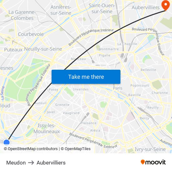 Meudon to Aubervilliers map
