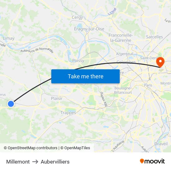 Millemont to Aubervilliers map