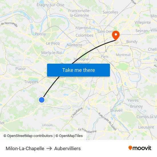 Milon-La-Chapelle to Aubervilliers map