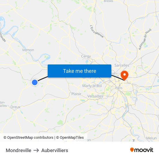 Mondreville to Aubervilliers map