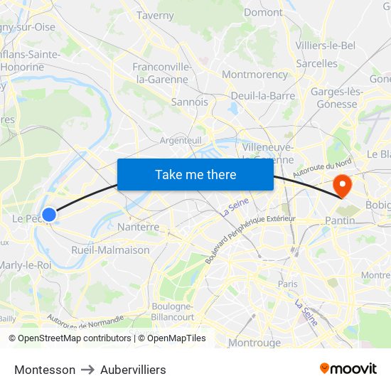 Montesson to Aubervilliers map
