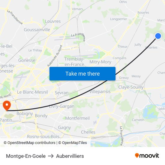 Montge-En-Goele to Aubervilliers map