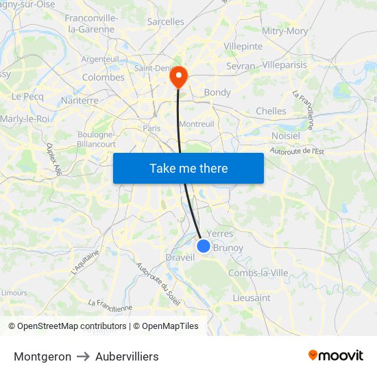 Montgeron to Aubervilliers map