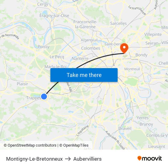 Montigny-Le-Bretonneux to Aubervilliers map