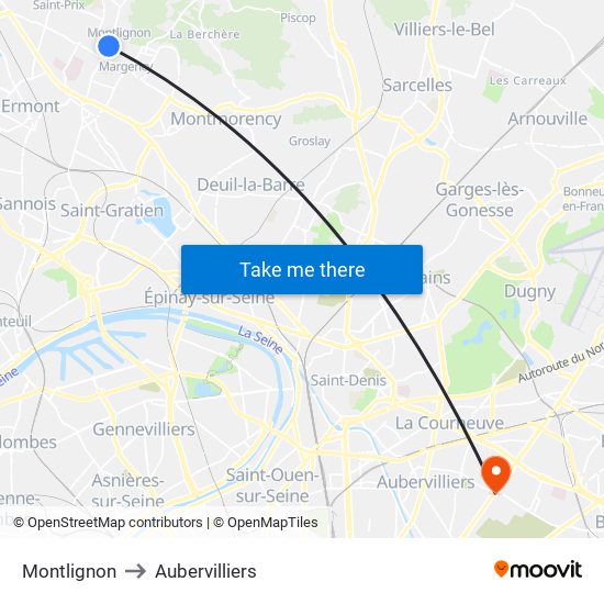 Montlignon to Aubervilliers map