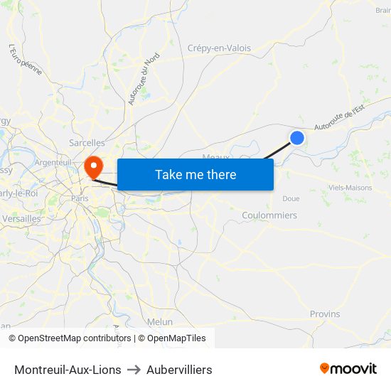 Montreuil-Aux-Lions to Aubervilliers map