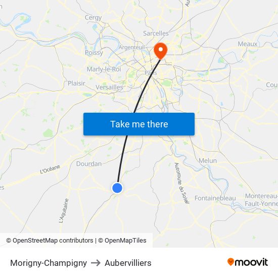 Morigny-Champigny to Aubervilliers map