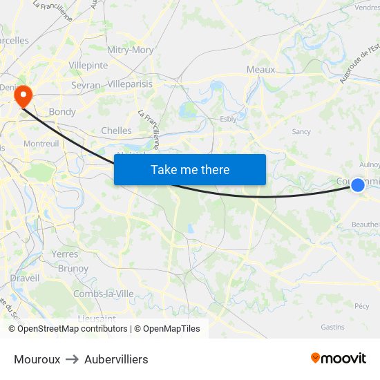 Mouroux to Aubervilliers map