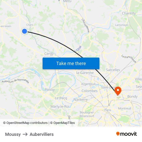 Moussy to Aubervilliers map