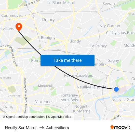 Neuilly-Sur-Marne to Aubervilliers map