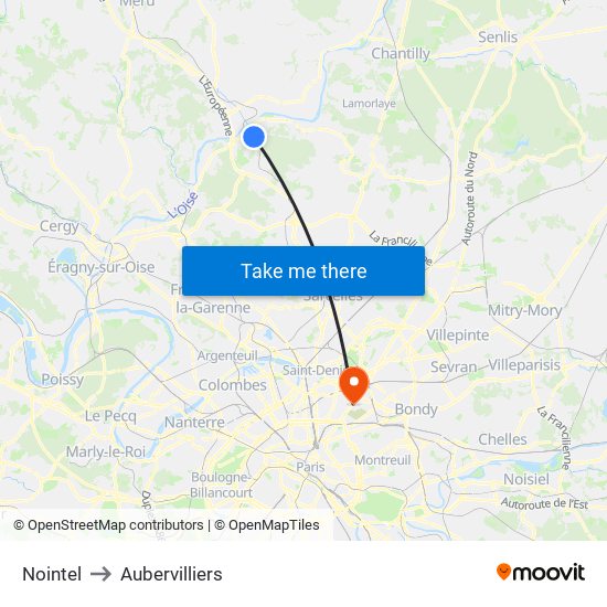 Nointel to Aubervilliers map