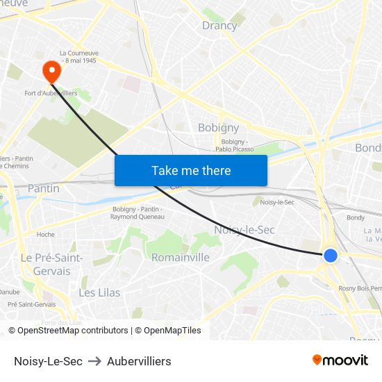 Noisy-Le-Sec to Aubervilliers map