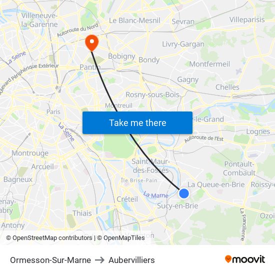 Ormesson-Sur-Marne to Aubervilliers map