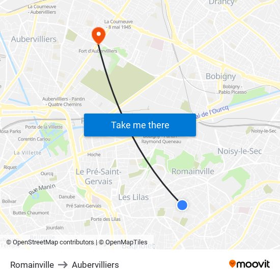 Romainville to Aubervilliers map