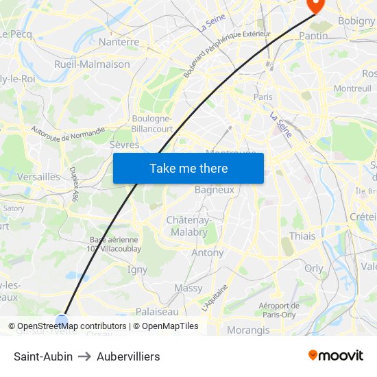 Saint-Aubin to Aubervilliers map