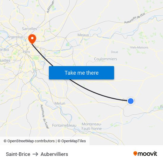 Saint-Brice to Aubervilliers map