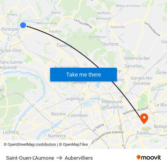 Saint-Ouen-L'Aumone to Aubervilliers map