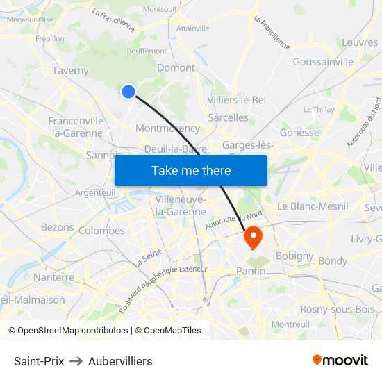 Saint-Prix to Aubervilliers map