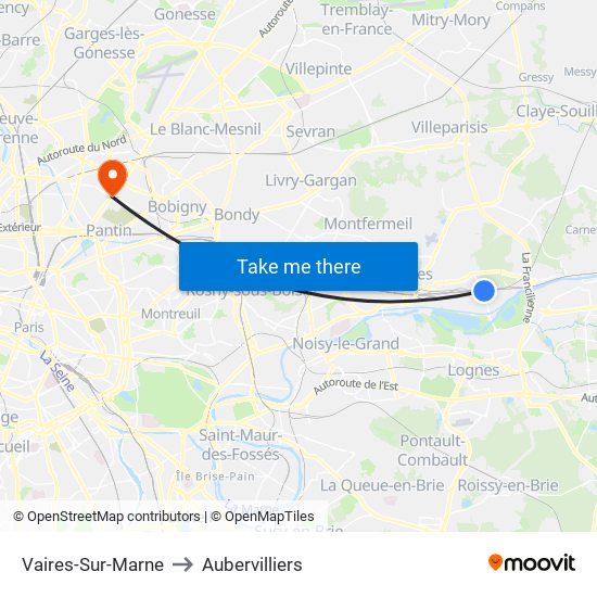 Vaires-Sur-Marne to Aubervilliers map